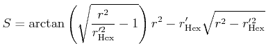 $\displaystyle S = \arctan\left(\sqrt{\frac{r^2}{r_\mathrm{Hex}'^2} - 1}\right) r^2 - r_\mathrm{Hex}' \cdot \left(\sqrt{r^2 - r_\mathrm{Hex}'^2}\right)$